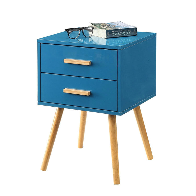 Blue end table with two drawers, wood handles, and angled light wood legs in a mid-century modern style.