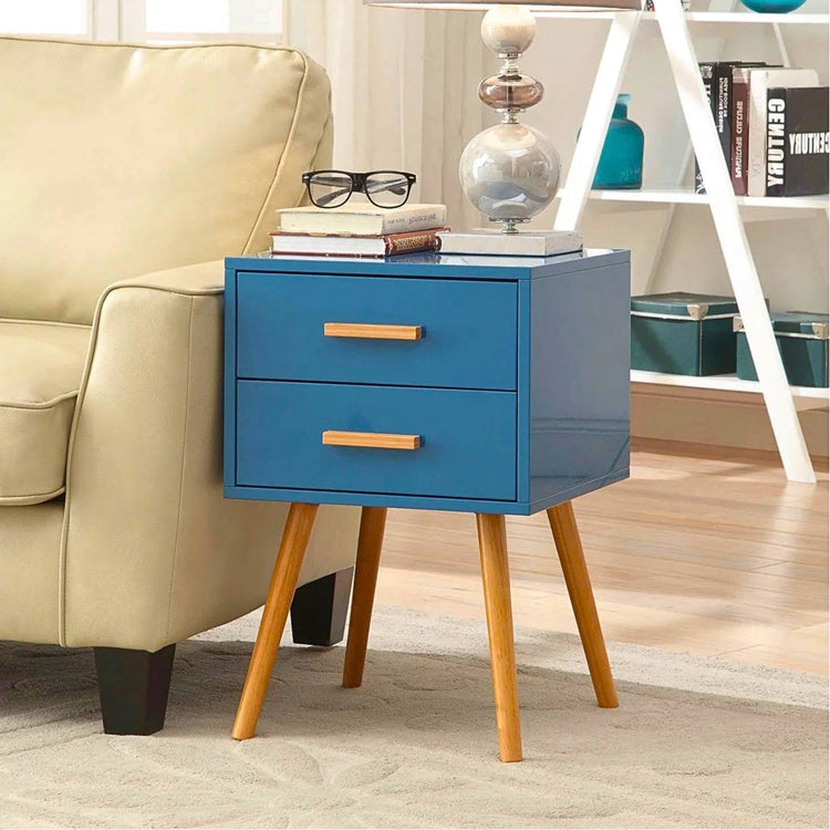 Blue finish modern classic end table/nightstand with two roomy drawers and angled wooden legs