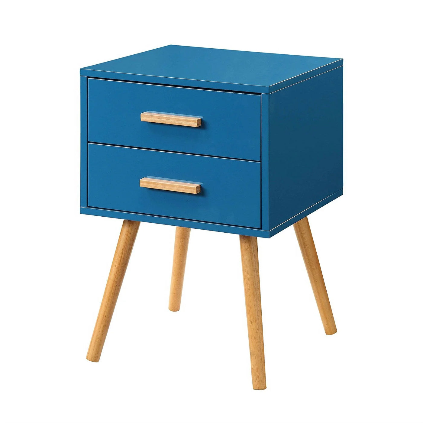 Blue finish modern classic end table with two drawers and angled wooden legs.