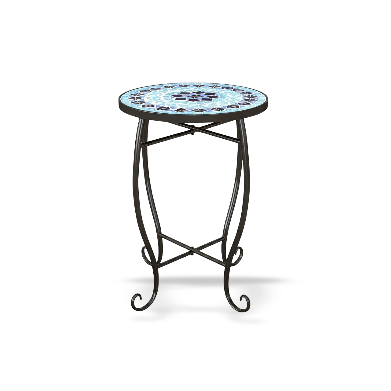 Blue mosaic round side table, Artisan Exclusive Collection, reinforced steel frame with X-brace, indoor/outdoor use.