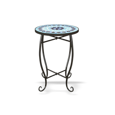 Blue mosaic round side table, Artisan Exclusive Collection, reinforced steel frame with X-brace, indoor/outdoor use.