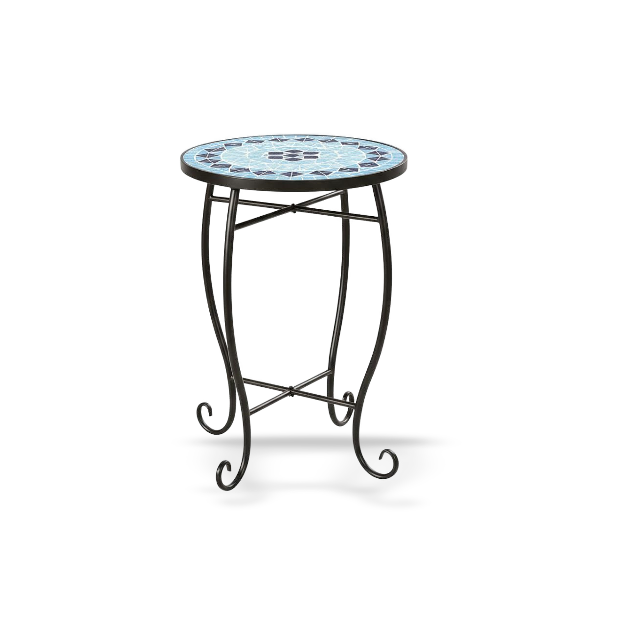 Blue mosaic round side table, Artisan Exclusive Collection, reinforced steel frame with X-brace for indoor/outdoor use.