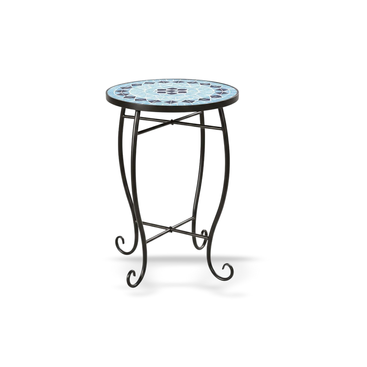 Blue mosaic round side table, Artisan Exclusive Collection, reinforced steel frame with X-brace for indoor/outdoor use.