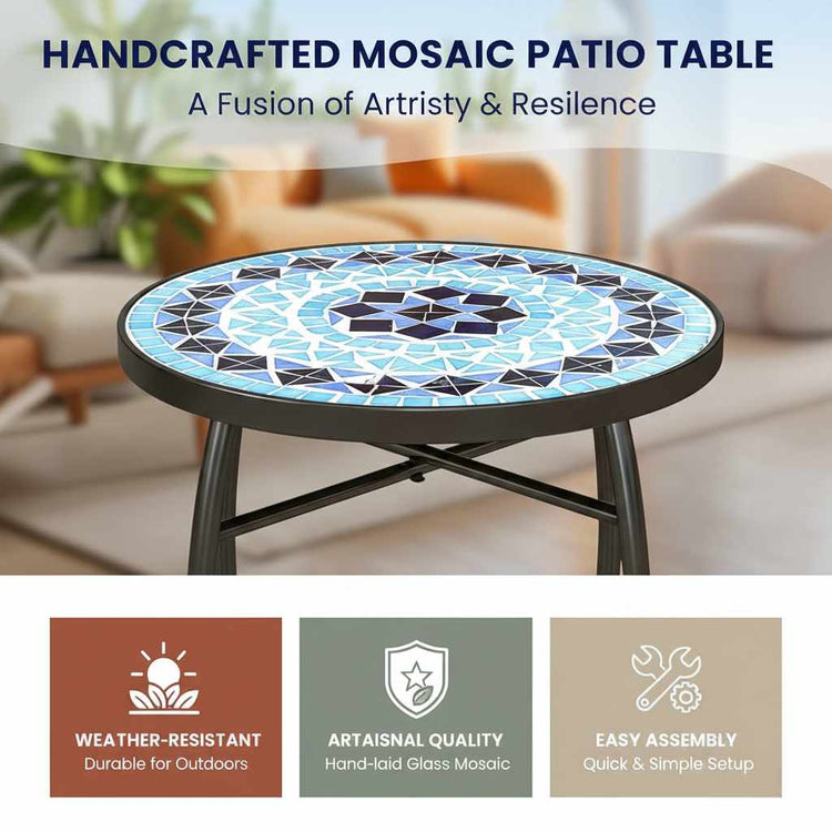 Blue mosaic round side table from Artisan Exclusive Collection features, reinforced steel frame with X-brace, indoor/outdoor.