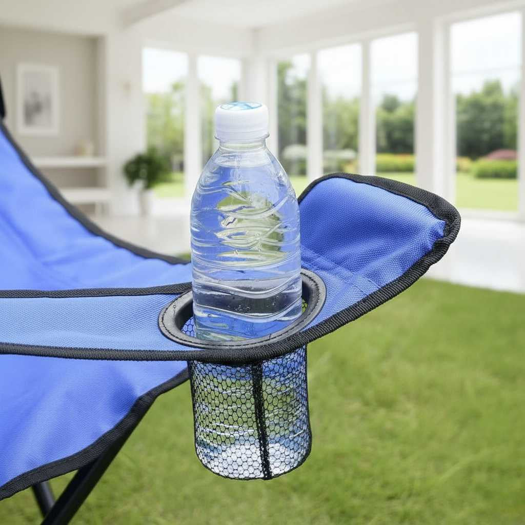 Blue portable outdoor chair with a cup holder; water bottle resting in the side holder on a lawn.