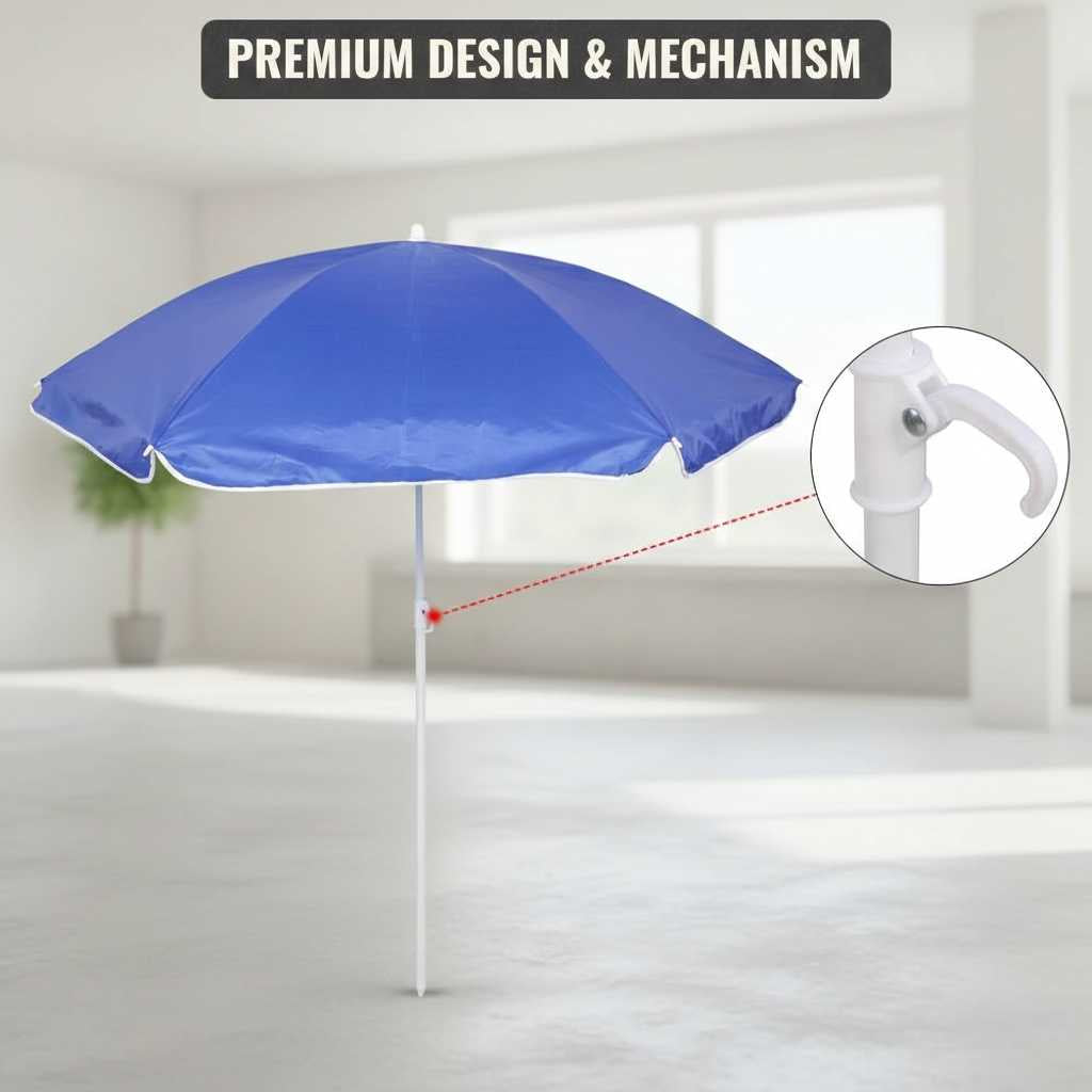 Blue removable sun umbrella for a two-person portable outdoor chair.
