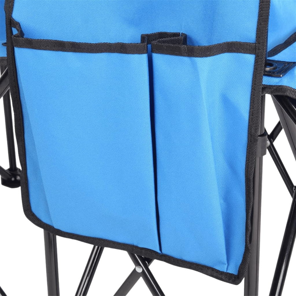 Blue two-person portable outdoor chair with a sturdy black metal frame.
