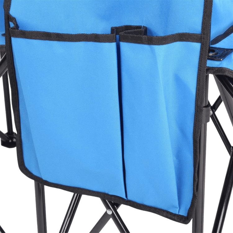 Blue two-person portable outdoor chair with a sturdy black metal frame.