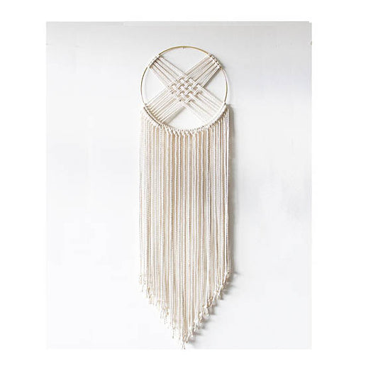 Bohemian macrame dreamcatcher wall hanging with gilded brass hoop and long fringe