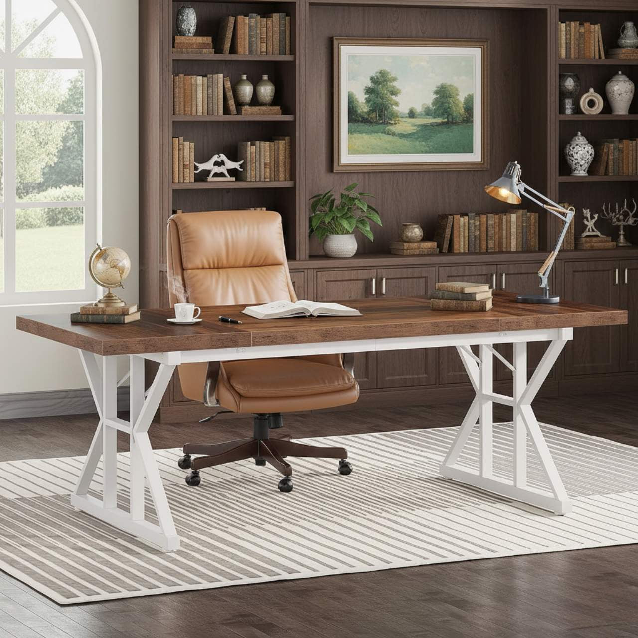 70.8 Inch Executive Desk Two Tone Brown White Finish with white X-frame legs in a home office.