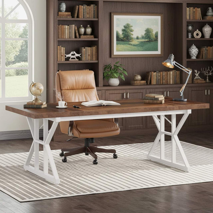 70.8 Inch Executive Desk Two Tone Brown White Finish with white X-frame legs in a home office.