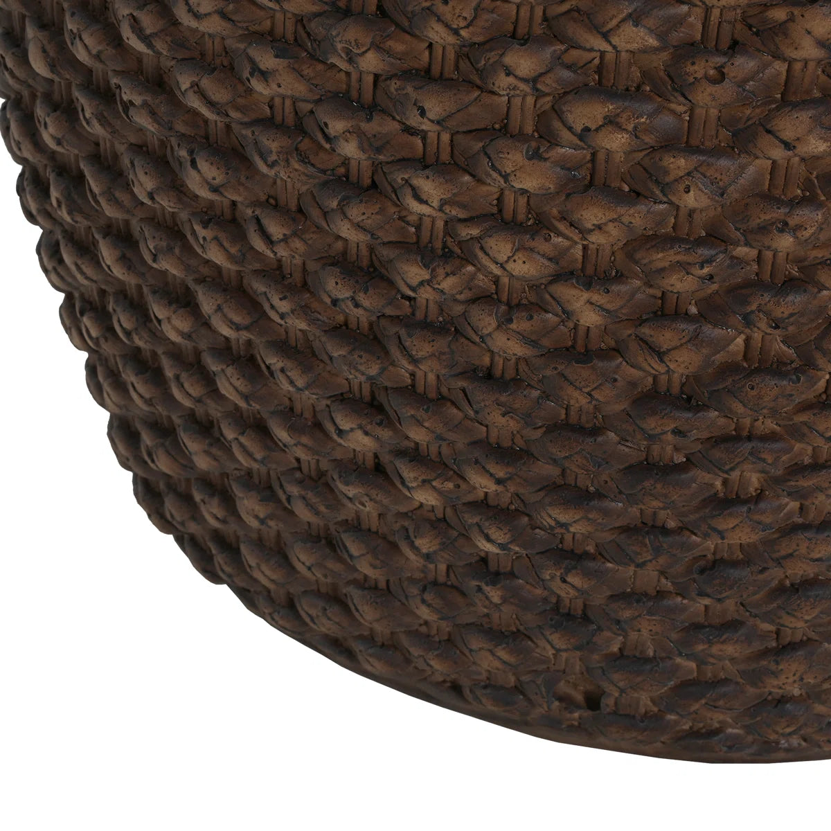 Brown faux rattan side table with woven texture, suitable for indoor and outdoor use.