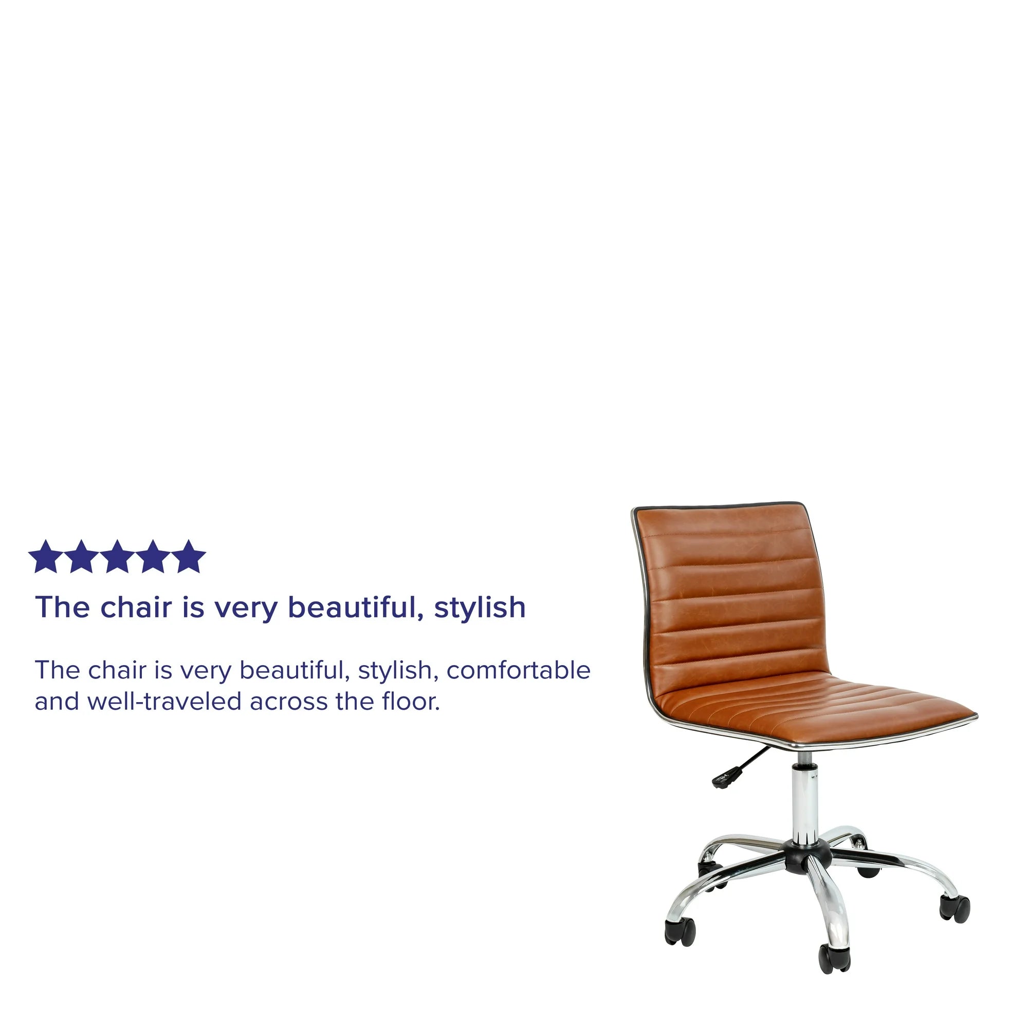 Brown office chair on a white background with five-star rating text.