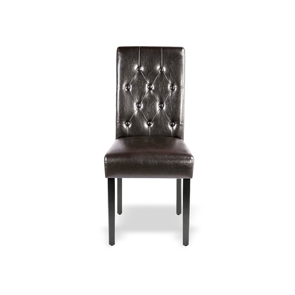 Faux leather wood-frame dining chair set of two on a #f3f3f3 studio background