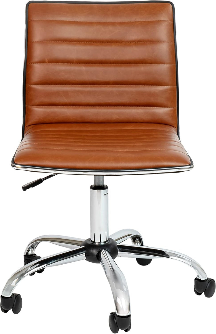 Brown vinyl office task chair with chrome frame and ribbed upholstery on a chrome five-star base.