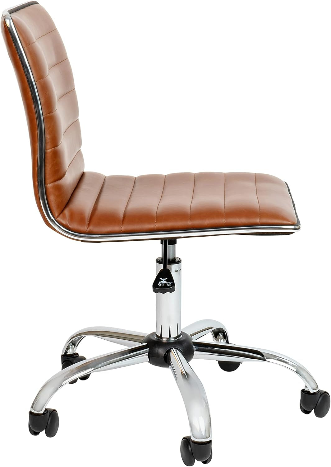 Brown vinyl office task chair with chrome frame and ribbed upholstery on a five-spoke chrome base with casters.