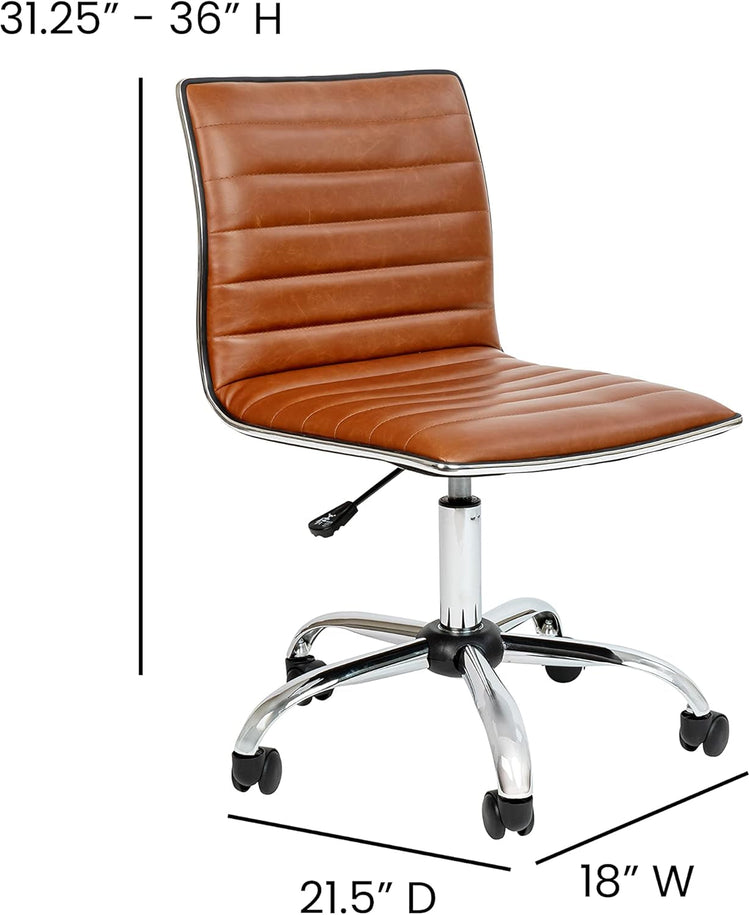 Brown vinyl office task chair with chrome frame; ribbed upholstery and a modern two-tone design.