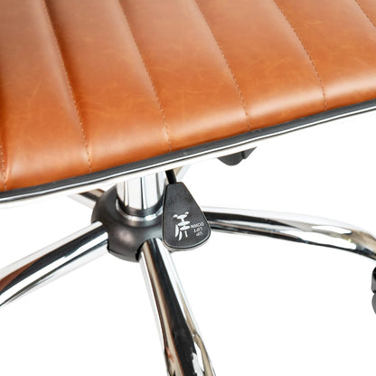 Brown vinyl office task chair with chrome frame; ribbed upholstery, chrome base, and a height adjustment lever (close-up detail)