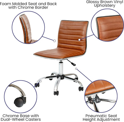 Brown vinyl task chair with chrome frame, two-tone upholstery, pneumatic height adjustment, chrome base wit (feature callout)
