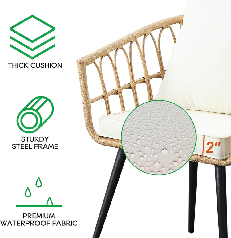 Chair with thick cushion, sturdy steel frame, and premium waterproof fabric features.