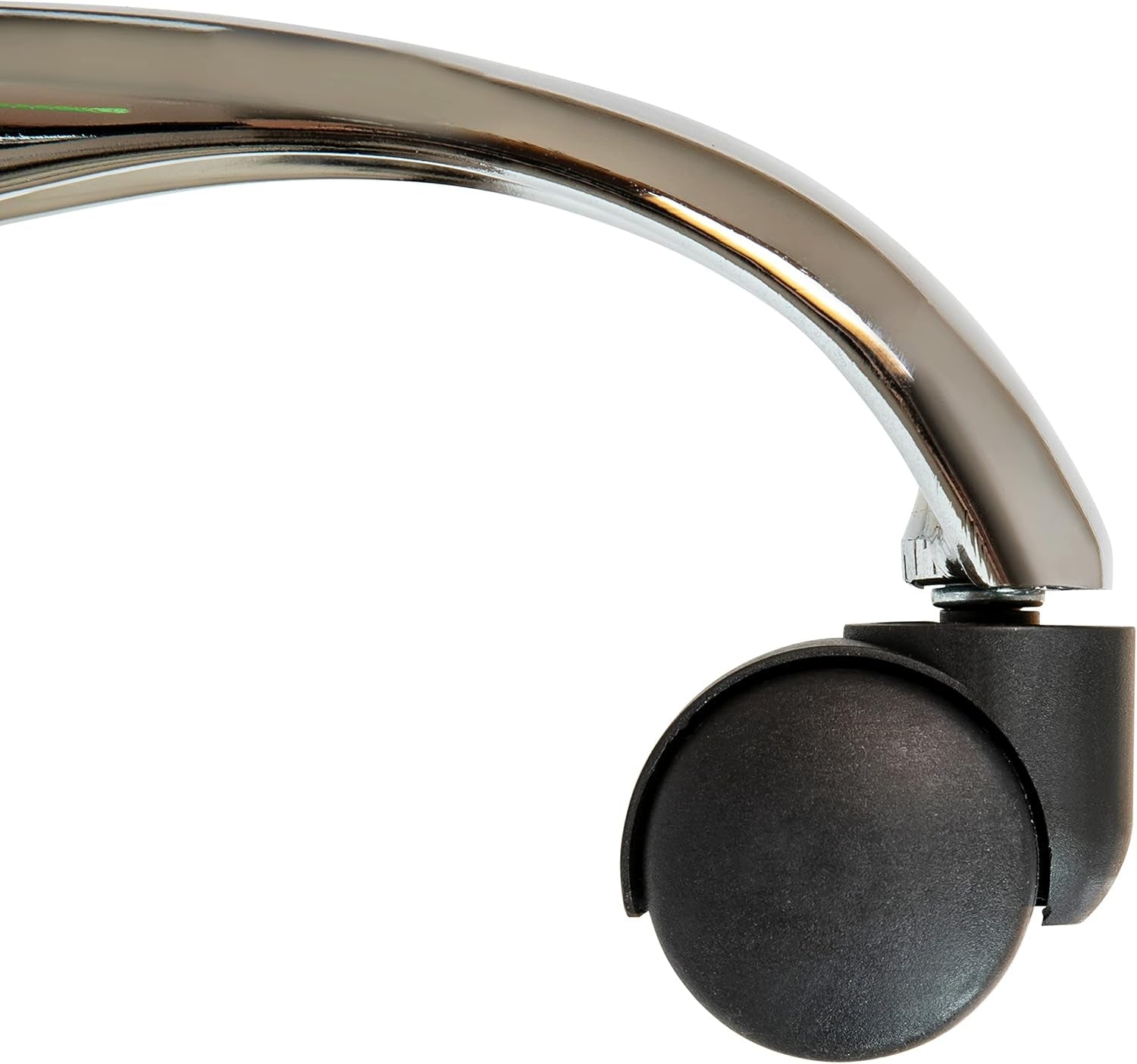 Chrome curved frame with black caster wheel on a brown vinyl office task chair.