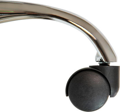 Chrome curved frame with black caster wheel on a brown vinyl office task chair (close-up detail)