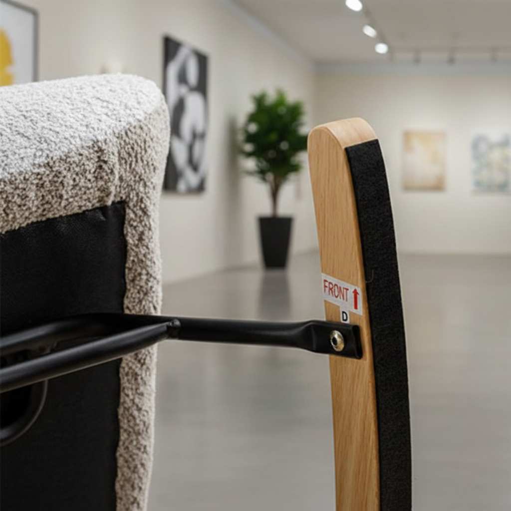 Close-up of a Macaron Patchwork swivel rocker chair’s wooden armrest and black strap, FRONT label in a gallery.