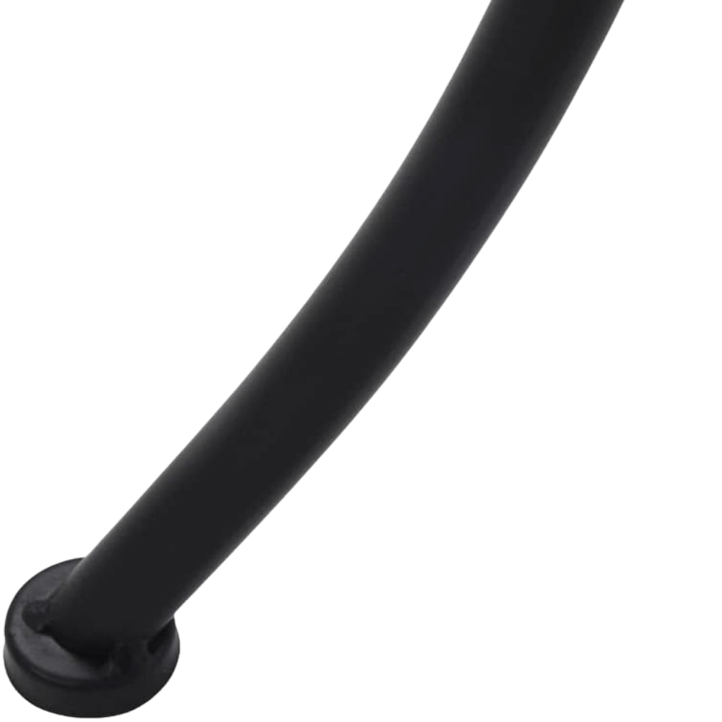 Close-up of a black curved metal leg and round foot of a Mosaic Table.