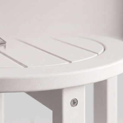Close-up of a white round outdoor table with a slatted top and matching white legs, showing a silver screw detail on the leg.