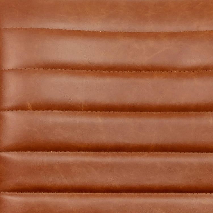 Close-up of brown vinyl office chair upholstery with horizontal ribbing.