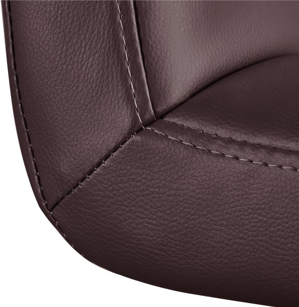 Close-up of dark brown faux leather upholstery with stitching on a modern Ergo mid-back office chair.