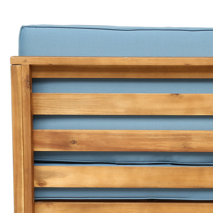 Close-up of the open acacia slat back panel with cushion showing through the gaps (close-up detail)