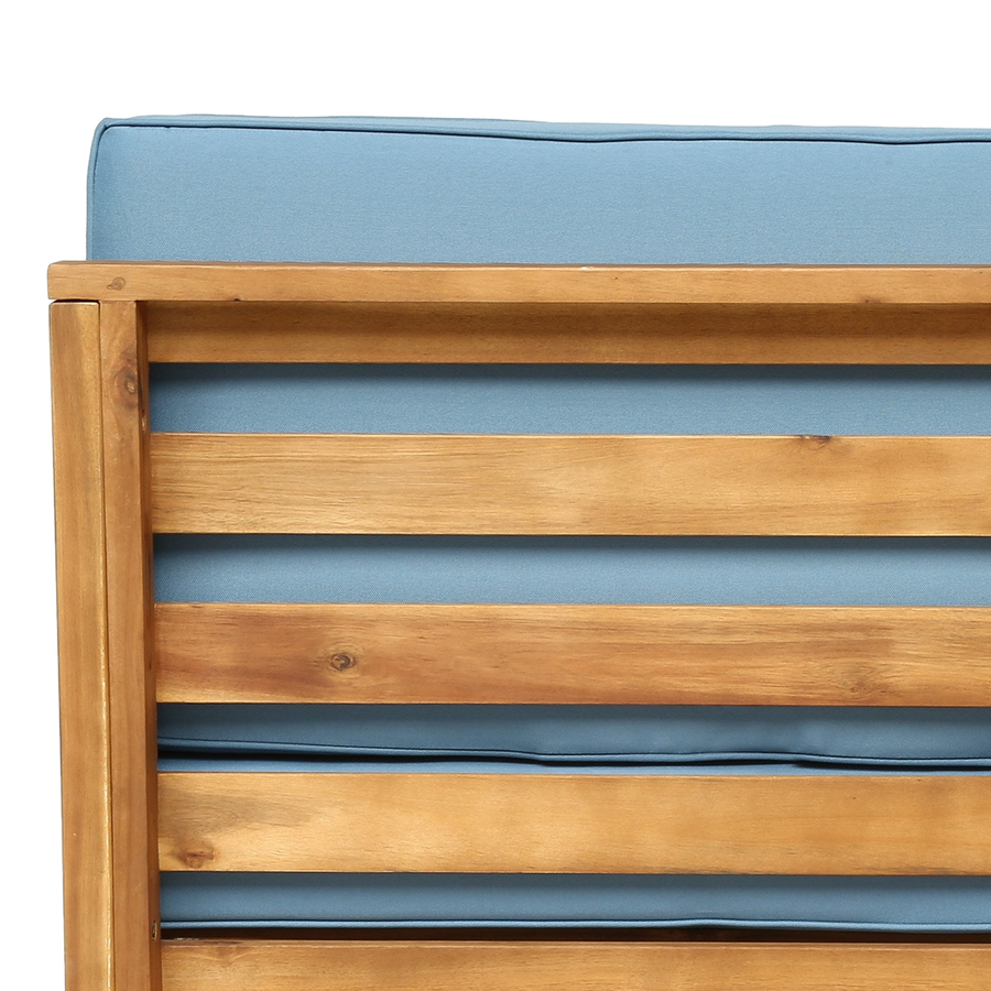 Close-up of the open acacia slat back panel with cushion showing through the gaps (close-up detail)