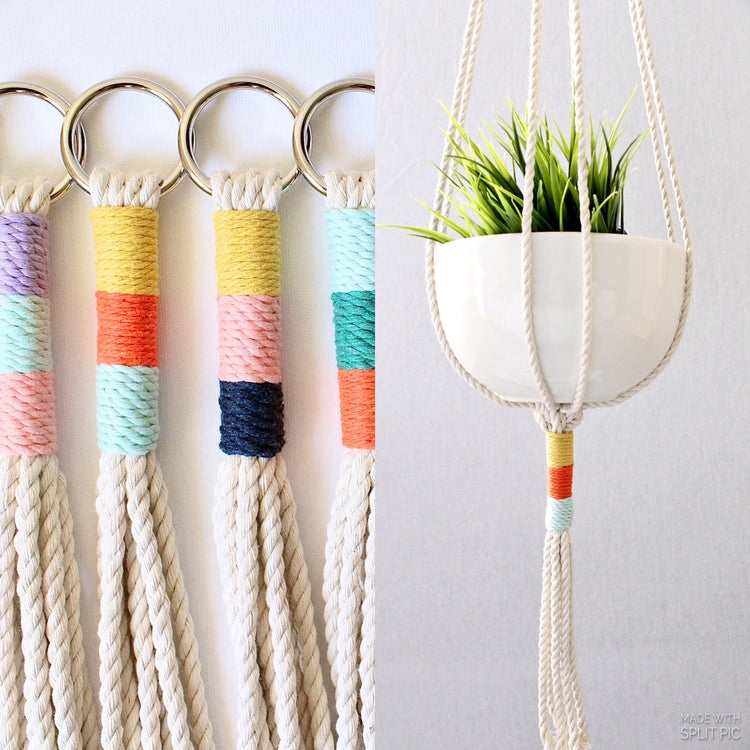 Colorful macrame plant hanger with a white pot on a light gray background