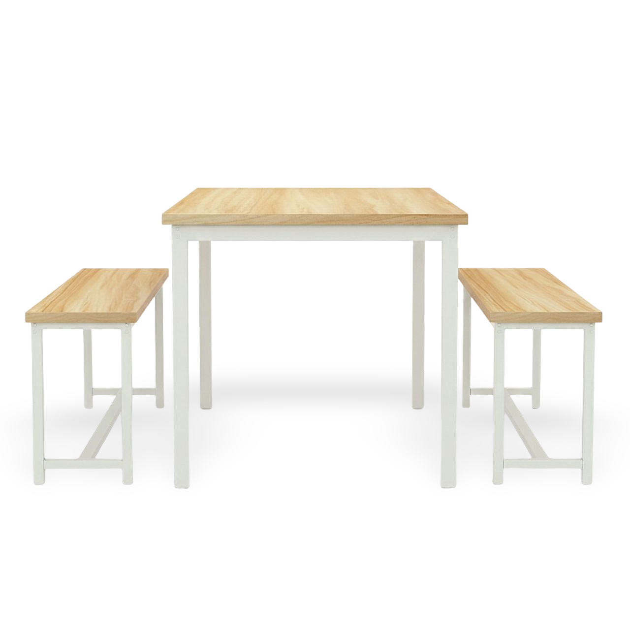 Compact counter-height dining table set in white with natural wood tops and two benches.
