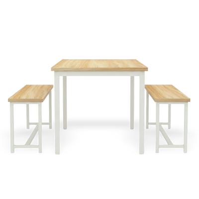 Compact counter-height dining table set in white with natural wood tops and two benches.