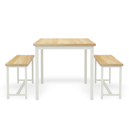 counter height dining table set with two benches, compact footprint
