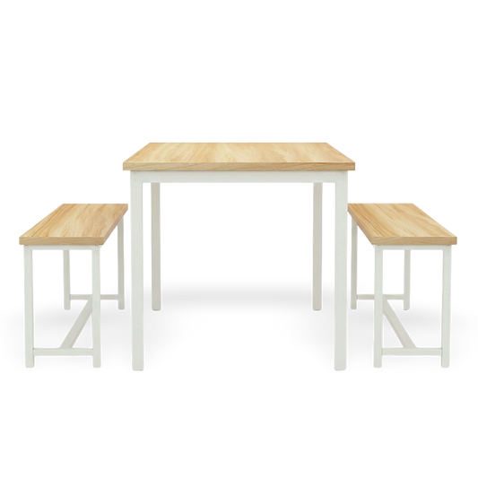 Compact counter-height dining table set in white with natural wood tops and two benches.