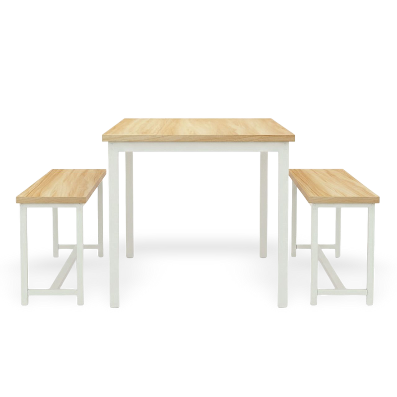 Compact counter-height dining table set in white with natural wood tops and two benches.
