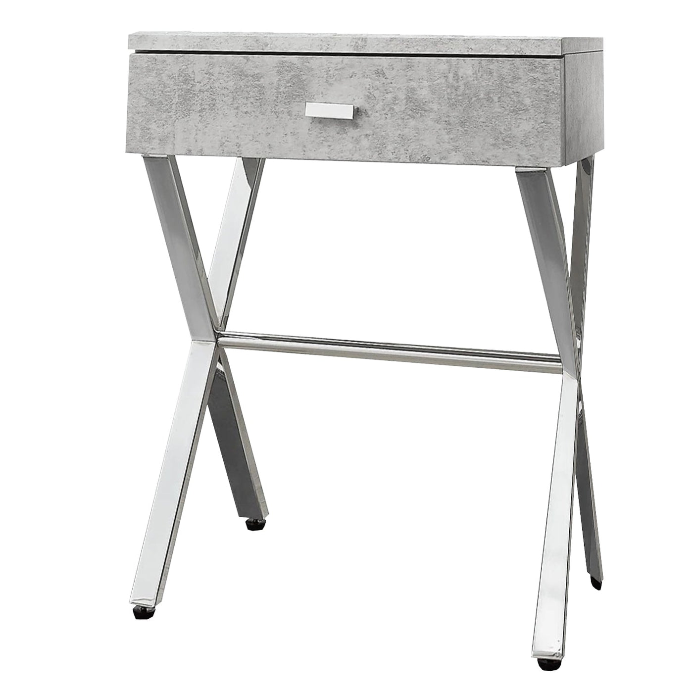 Compact dark taupe finish table with chrome metal legs and a single drawer.
