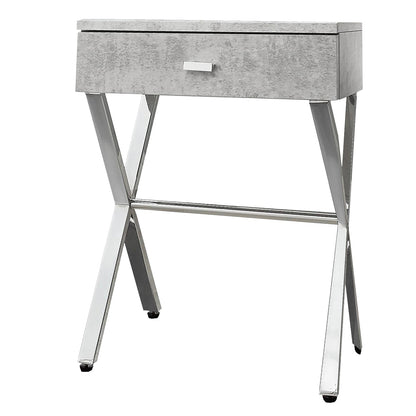 Compact dark taupe finish table with chrome metal legs and a single drawer (plain studio)
