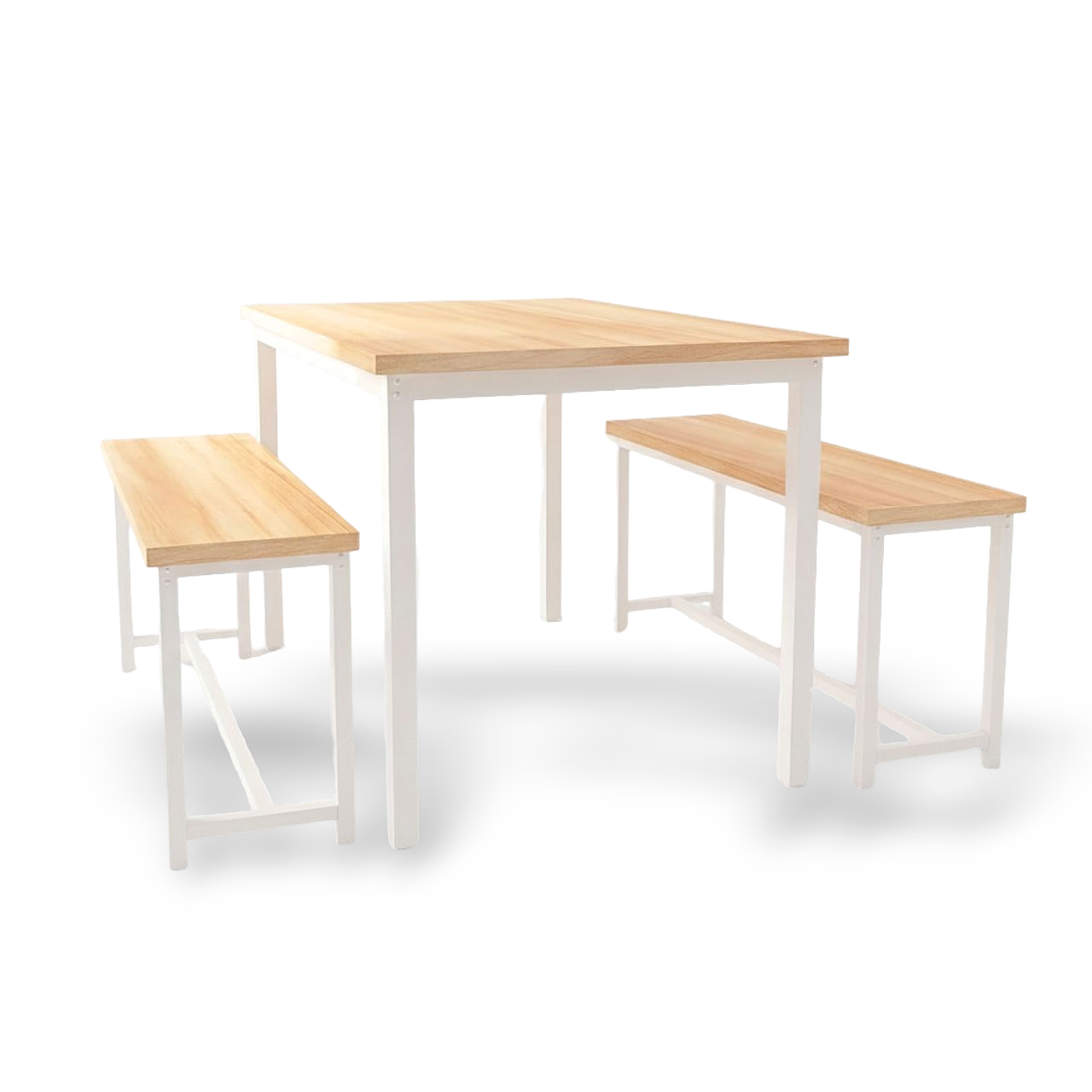Counter-height dining table set with natural wood top and white frame, with two matching benches.
