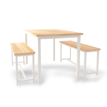 counter height dining table set detail, tuck-under benches