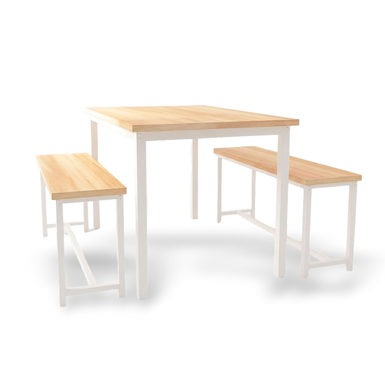 Counter-height dining table set with natural wood top and white frame, with two matching benches.