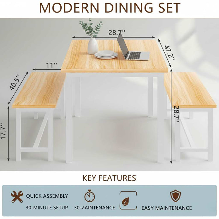 Counter-height dining table with white base and natural wood top, flanked by matching white benches.