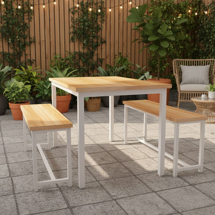 Counter height dining table set in gold and white with benches, compact space-saving design.
