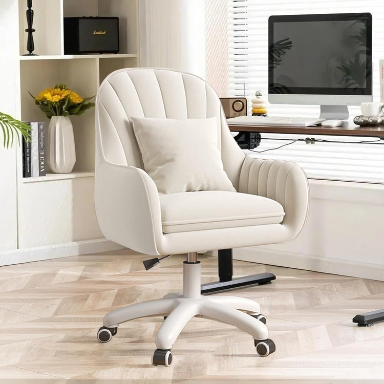 Cream velvet mid-back office chair with adjustable height, curved back, cushioned seat, and wheeled base.