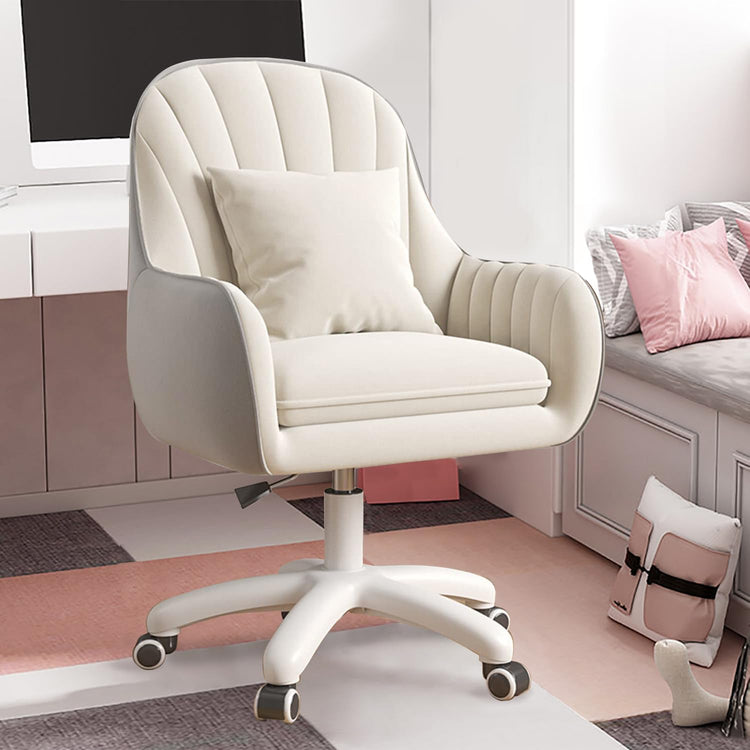 Cream velvet mid-back office chair with curved back, cushioned seat, adjustable height, on a five-star wheeled base.