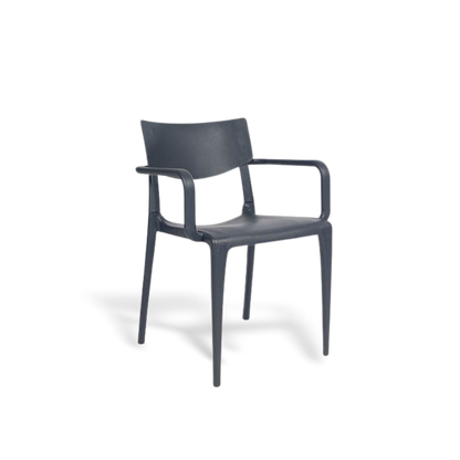 Weatherproof stackable patio dining chair set of four on a #f3f3f3 studio background