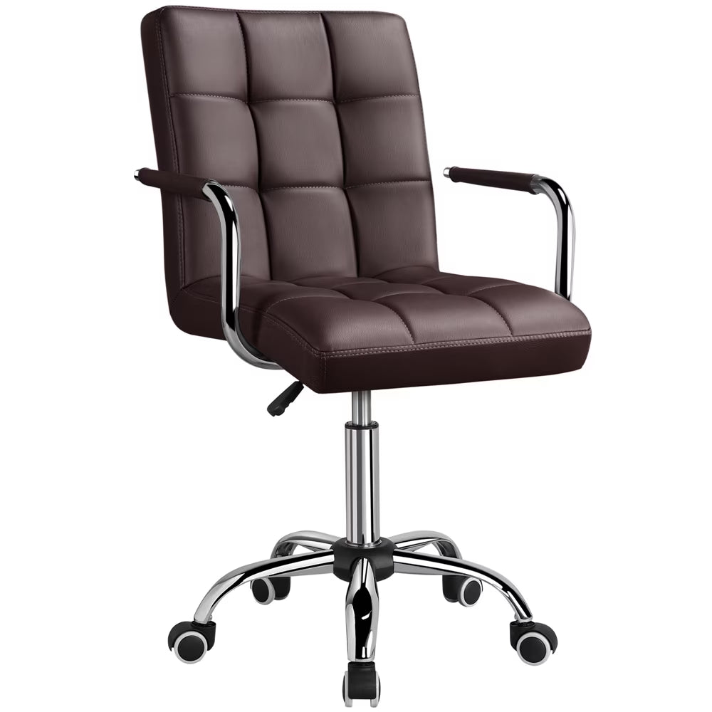 Dark brown faux leather Ergo chair with mid-back, ergonomic support, plush padding, contoured back, chrome base.